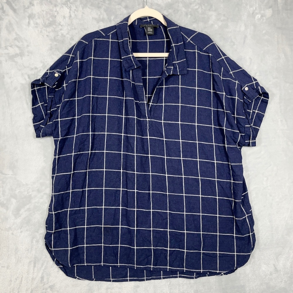 Tahari Women 2X Navy Windowpane Linen Blend Tab Sleeve V-Neck Top Tunic Coastal